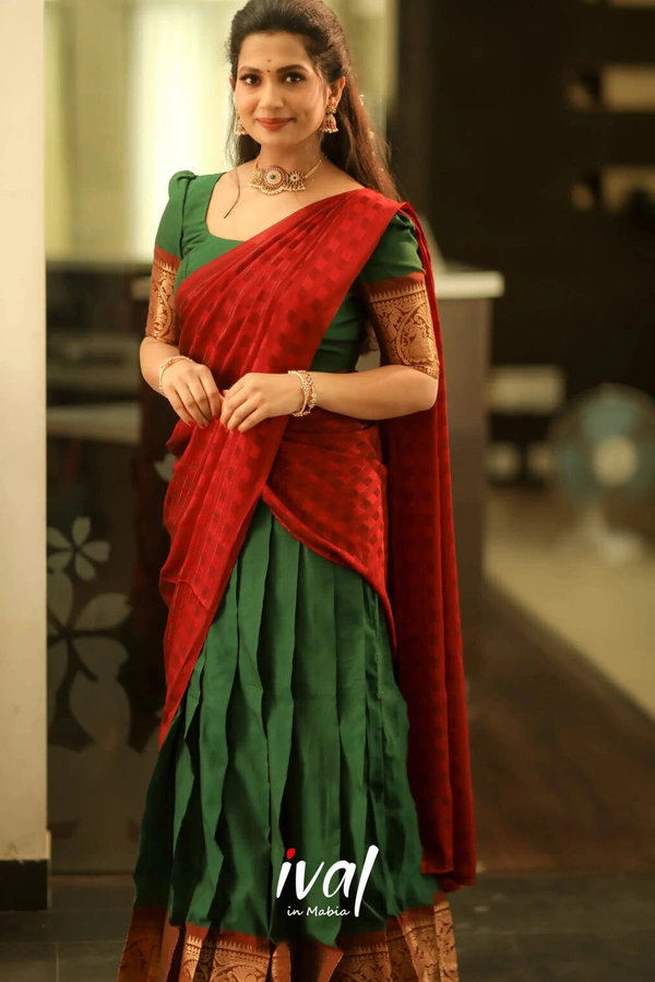 South Indian Traditional Half Saree - Unstitched, Green & Red (2)