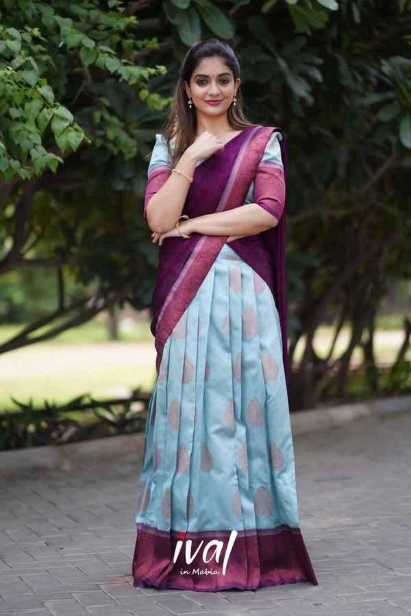 South Indian Traditional Half Saree - Unstitched, Green & Red (2)