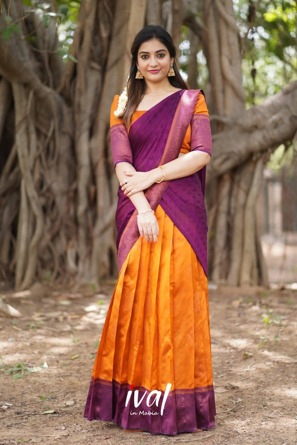 South Indian Traditional Half Saree - Unstitched, Green & Red (2)