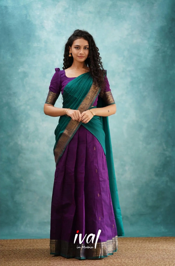South Indian Traditional Half Saree - Unstitched, Orange & Voilet