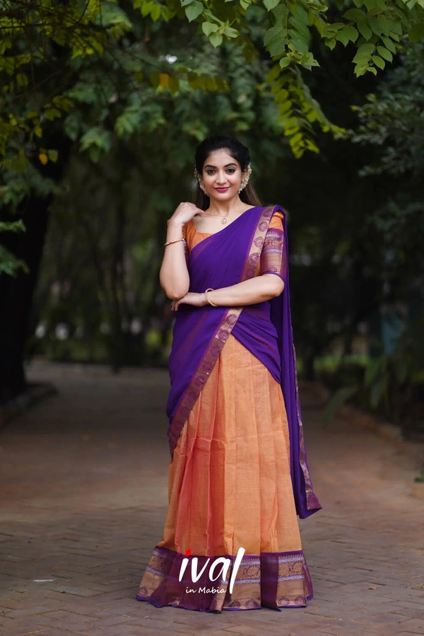 South Indian Traditional Half Saree - Unstitched, Orange & Voilet