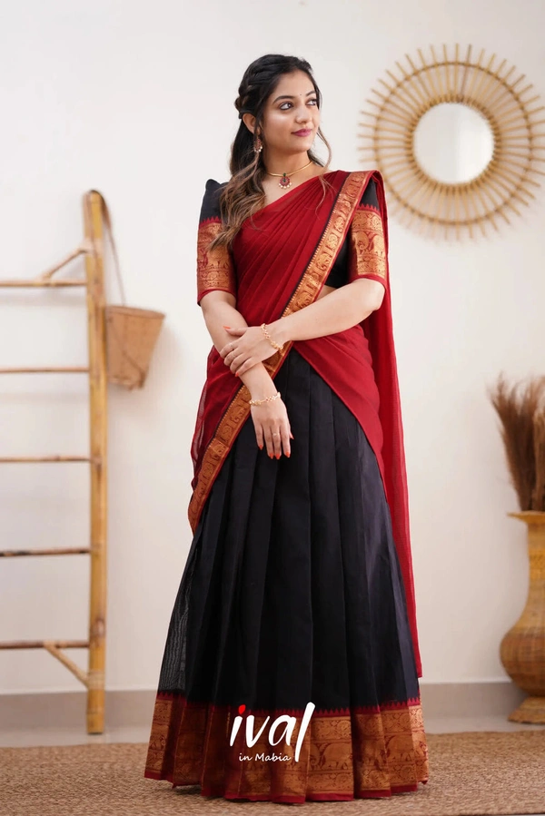 South Indian Traditional Half Saree - Semi Stitched, Violet & Razzle Dazzle Rose