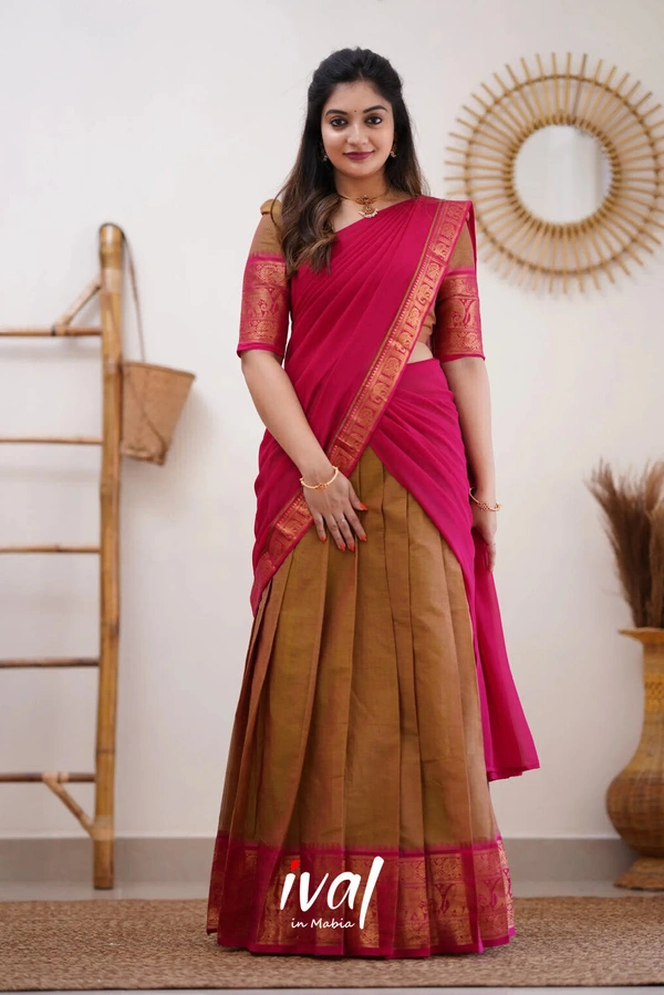 South Indian Traditional Half Saree - Semi Stitched, Violet & Razzle Dazzle Rose
