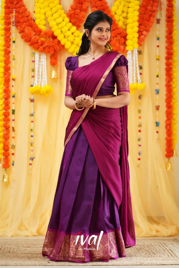 South Indian Traditional Half Saree - Semi Stitched, Violet & Razzle Dazzle Rose