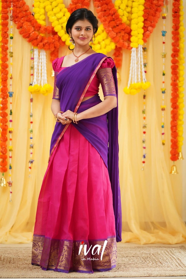 South Indian Traditional Half Saree - Semi Stitched, Violet & Razzle Dazzle Rose