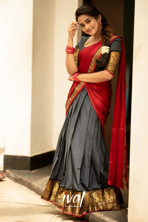 South Indian Traditional Half Saree - Semi Stitched, Violet & Razzle Dazzle Rose