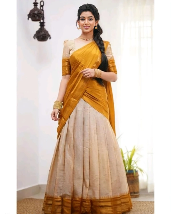 South Indian Traditional Half Saree - Unstitched, Yellow