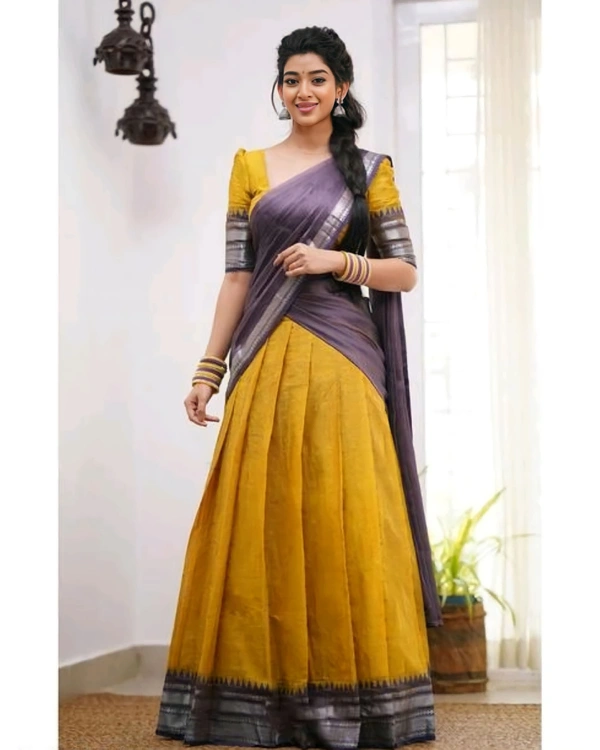 South Indian Traditional Half Saree - Unstitched, Yellow