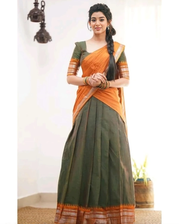 South Indian Traditional Half Saree - Unstitched, Yellow