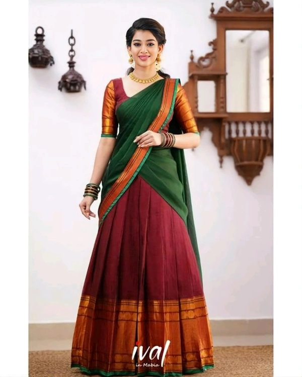 South Indian Traditional Half Saree - Semi Stitched, Maroon & Green