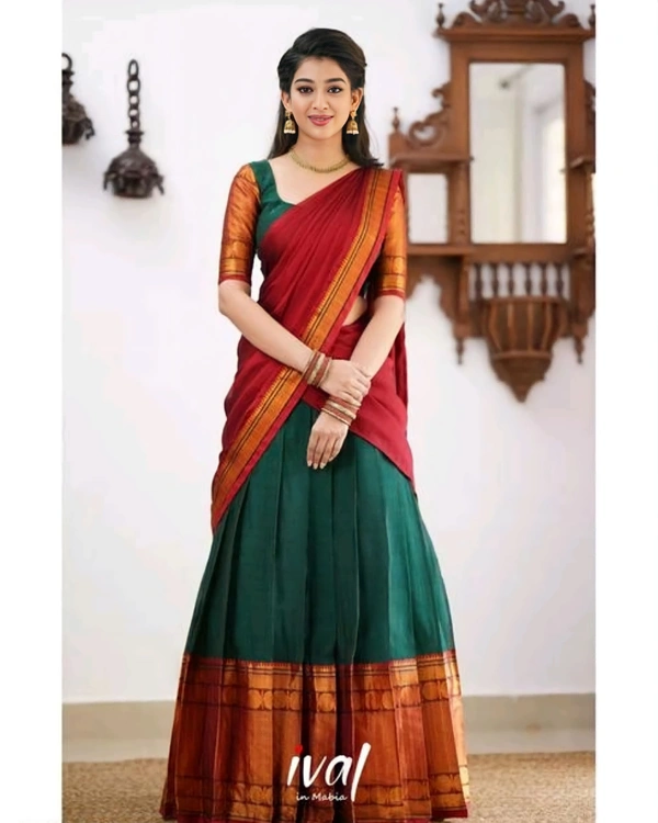 South Indian Traditional Half Saree - Semi Stitched, Maroon & Green