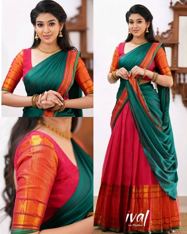 South Indian Traditional Half Saree - Semi Stitched, Maroon & Green