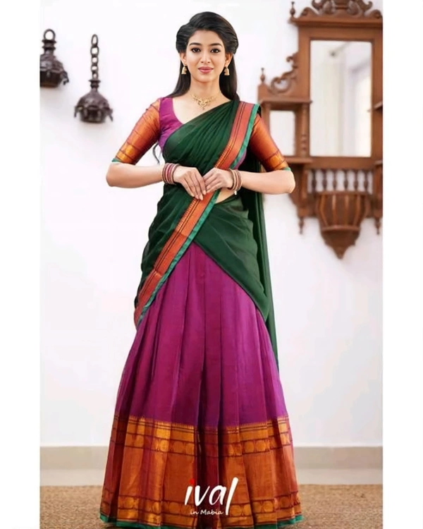 South Indian Traditional Half Saree - Semi Stitched, Maroon & Green