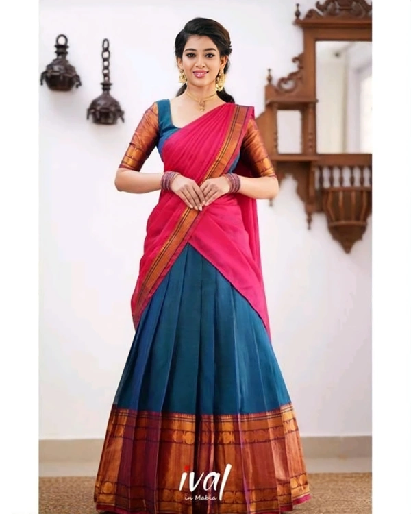 South Indian Traditional Half Saree - Semi Stitched, Maroon & Green