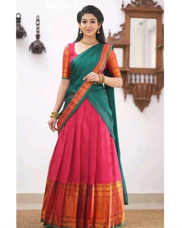 South Indian Traditional Half Saree - Semi Stitched, Maroon & Green