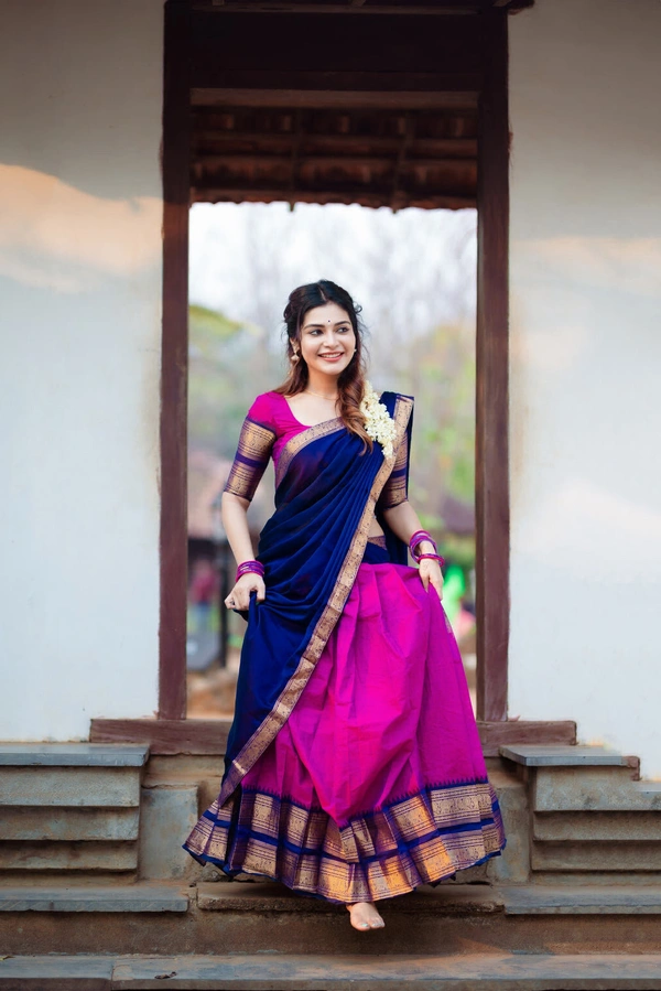 South Indian Traditional Half Saree - Unstitched, Gray & Navy Blue