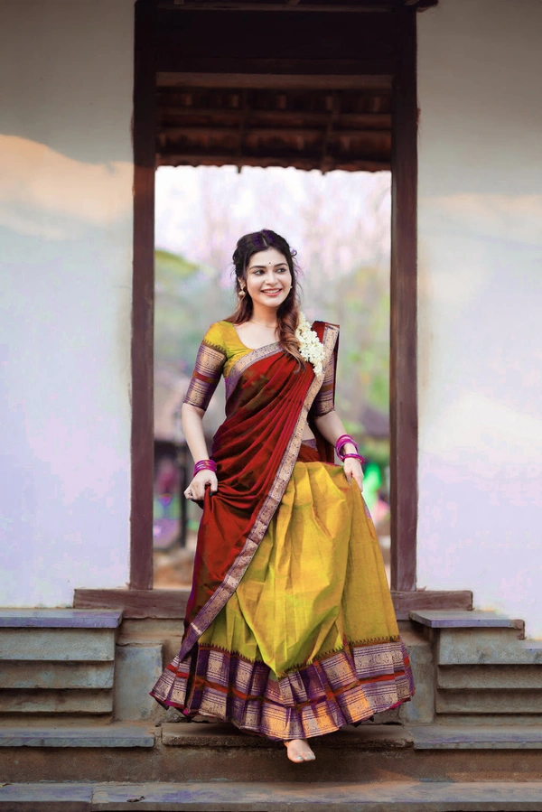 South Indian Traditional Half Saree - Unstitched, Gray & Navy Blue