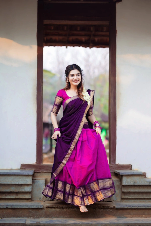 South Indian Traditional Half Saree - Unstitched, Gray & Navy Blue