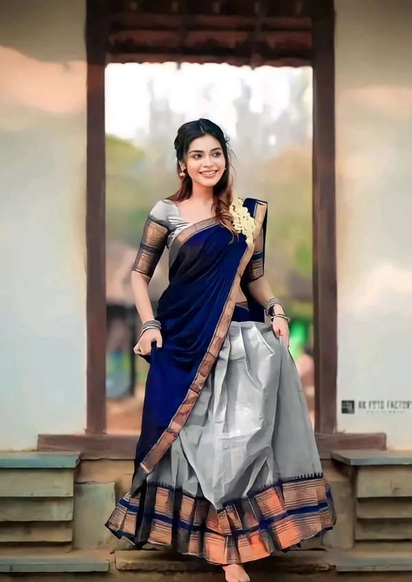 South Indian Traditional Half Saree - Unstitched, Gray & Navy Blue