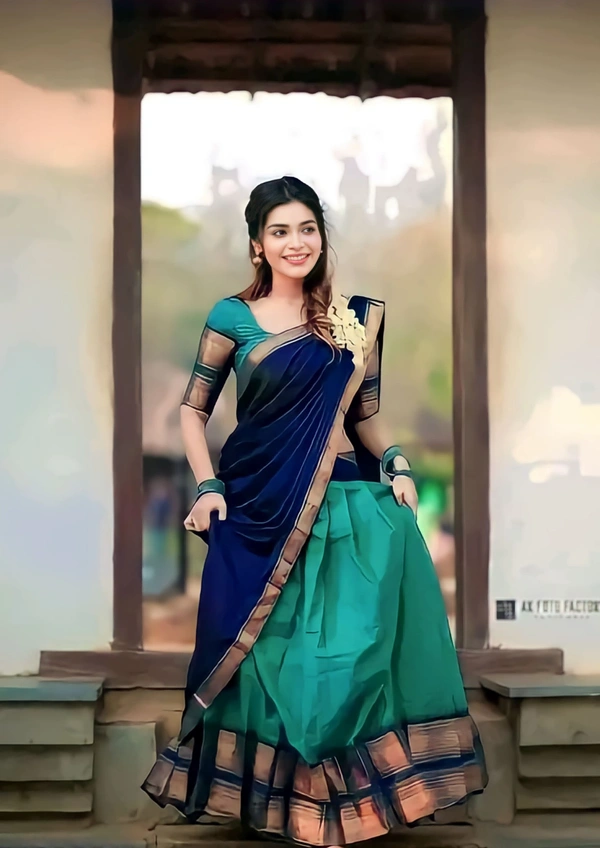 South Indian Traditional Half Saree - Unstitched, Gray & Navy Blue
