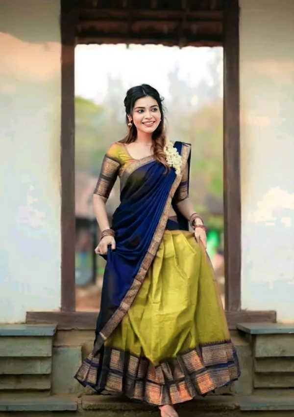 South Indian Traditional Half Saree - Unstitched, Gray & Navy Blue