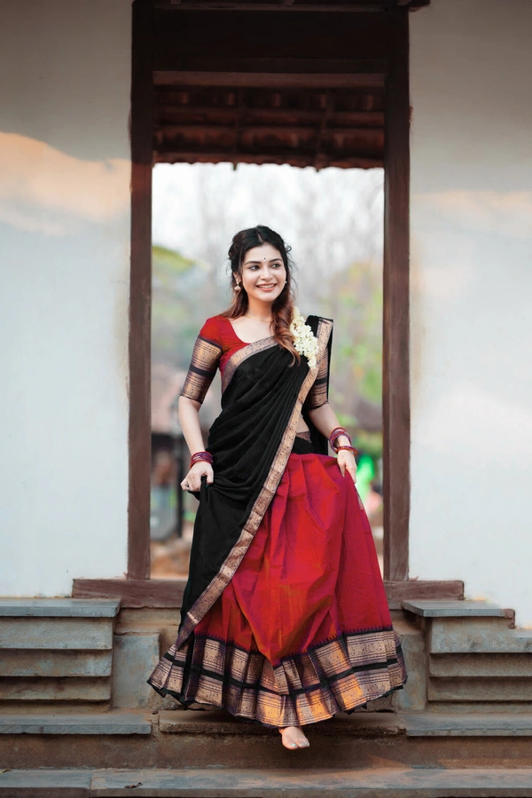 South Indian Traditional Half Saree - Unstitched, Red & Black