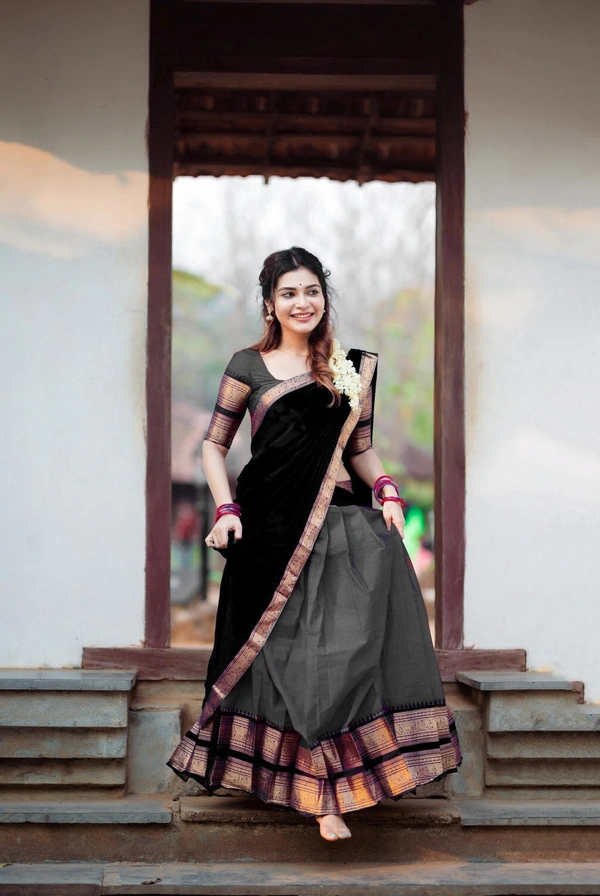 South Indian Traditional Half Saree - Unstitched, Red & Black