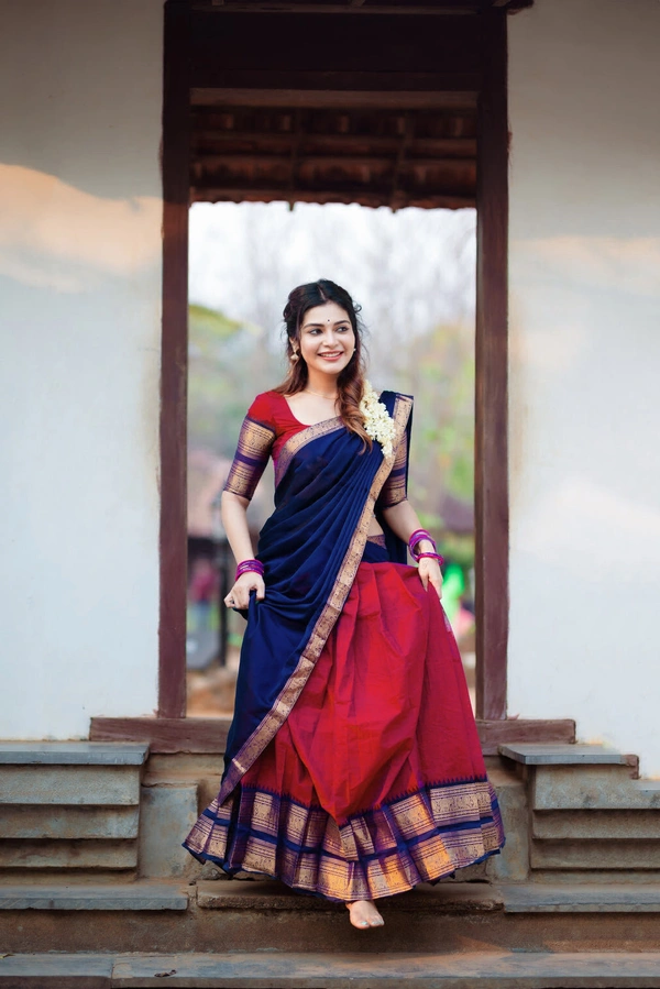 South Indian Traditional Half Saree - Unstitched, Red & Black