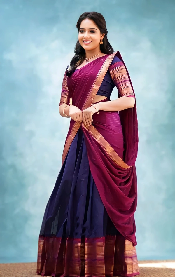 South Indian Traditional Half Saree - Unstitched, Navy Blue & Pink 1