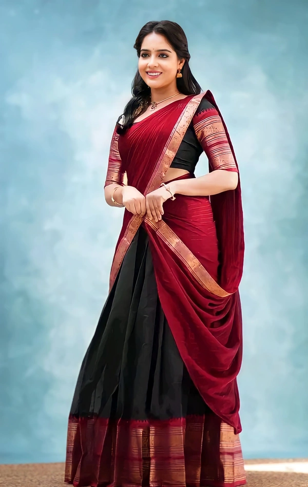 South Indian Traditional Half Saree - Unstitched, Navy Blue & Pink 1