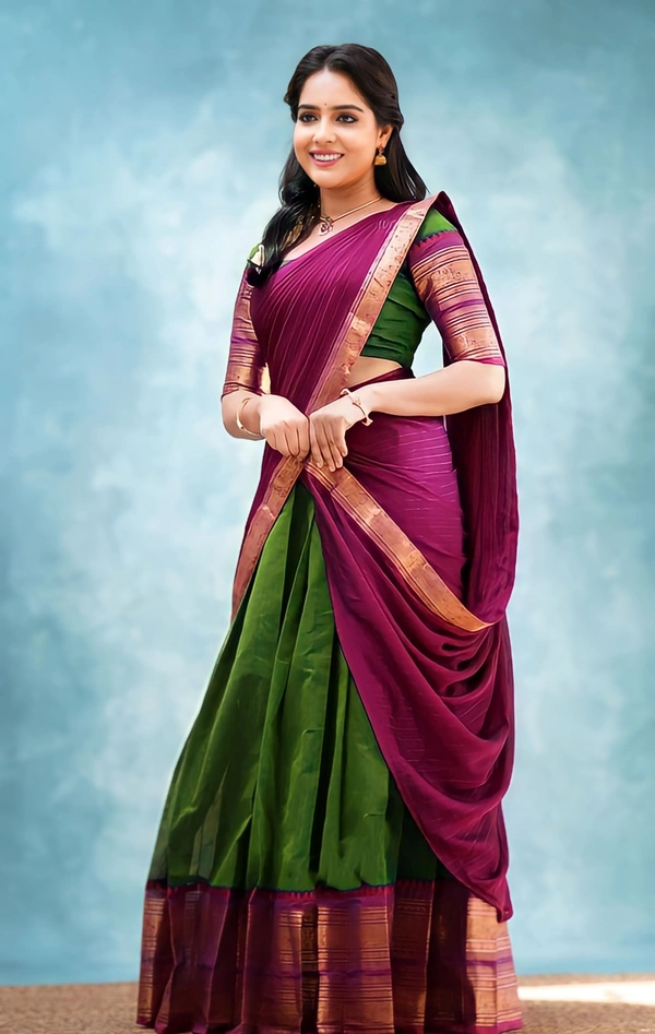 South Indian Traditional Half Saree - Unstitched, Navy Blue & Pink 1