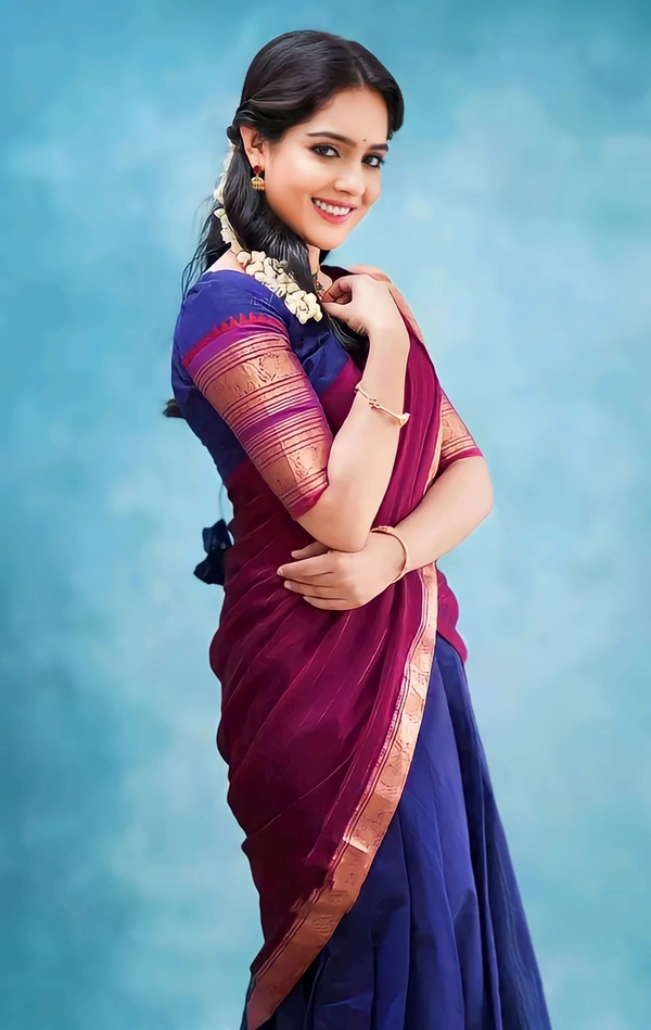 South Indian Traditional Half Saree - Unstitched, Navy Blue & Pink 1