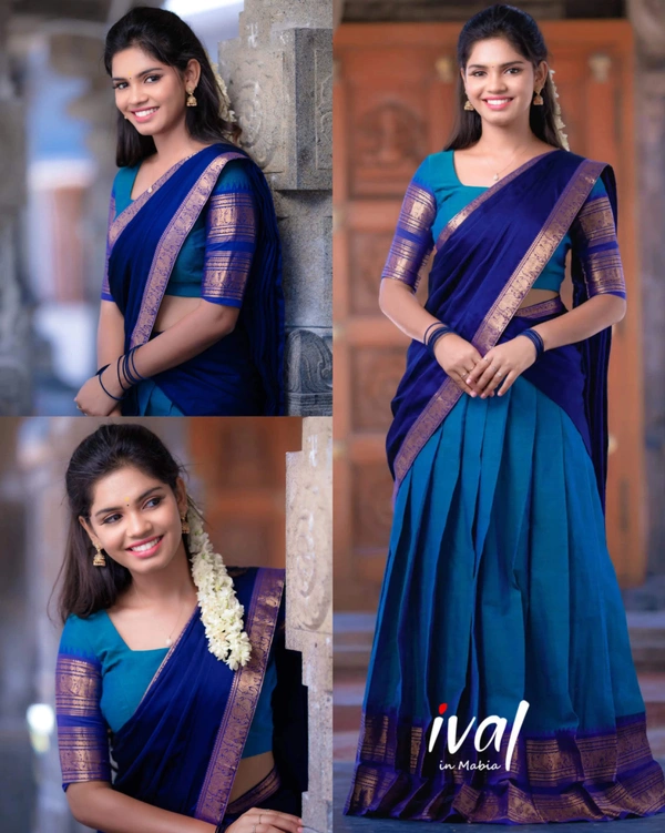 South Indian Traditional Half Saree - Unstitched, Blue