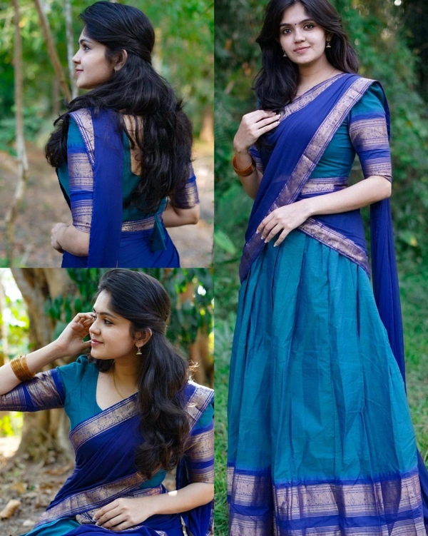 South Indian Traditional Half Saree - Unstitched, Blue