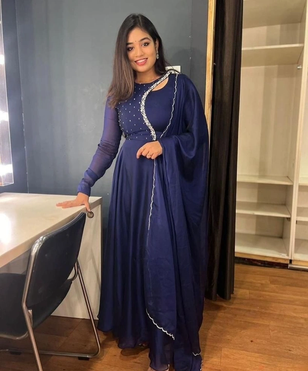Beautiful Embroidery work gown with Dupptta - 2XL, Navy Blue