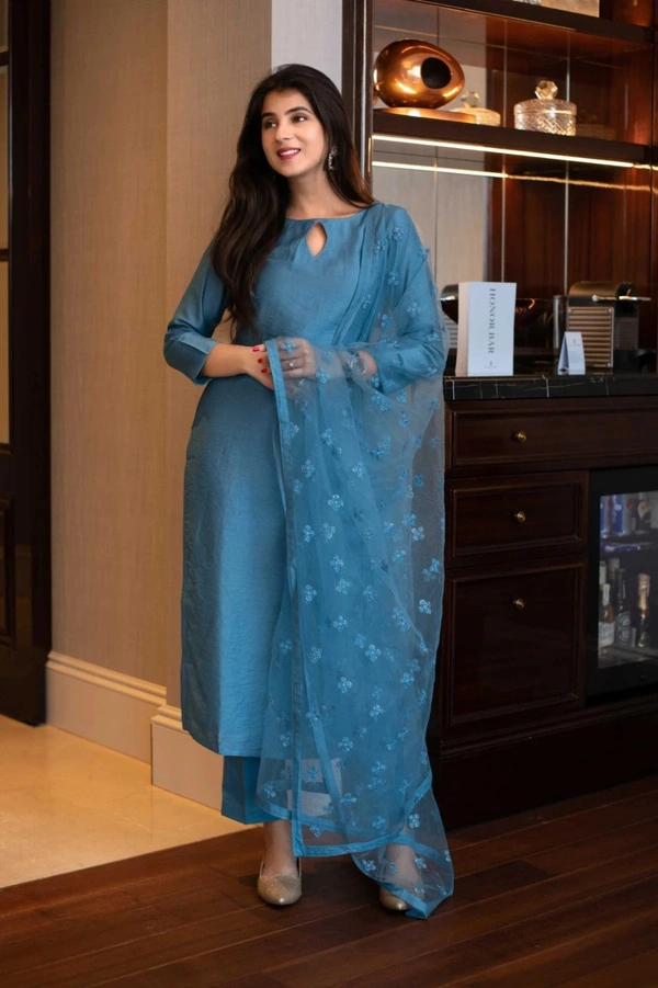 Pure Chiffon Petrol Color Plain Designer Kurta Set - XS