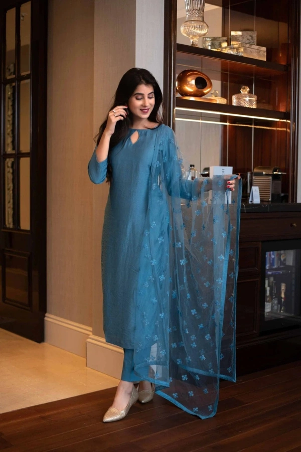 Pure Chiffon Petrol Color Plain Designer Kurta Set - XS