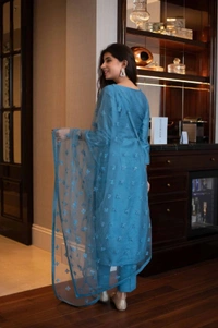 Pure Chiffon Petrol Color Plain Designer Kurta Set - 2XL