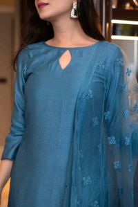 Pure Chiffon Petrol Color Plain Designer Kurta Set - 2XL
