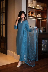 Pure Chiffon Petrol Color Plain Designer Kurta Set - 3XL