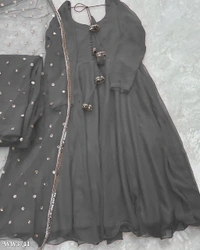 PARTYWEAR LOOK ANARKALI GOWN AND FANCY LACE WORK - M, Navy Blue