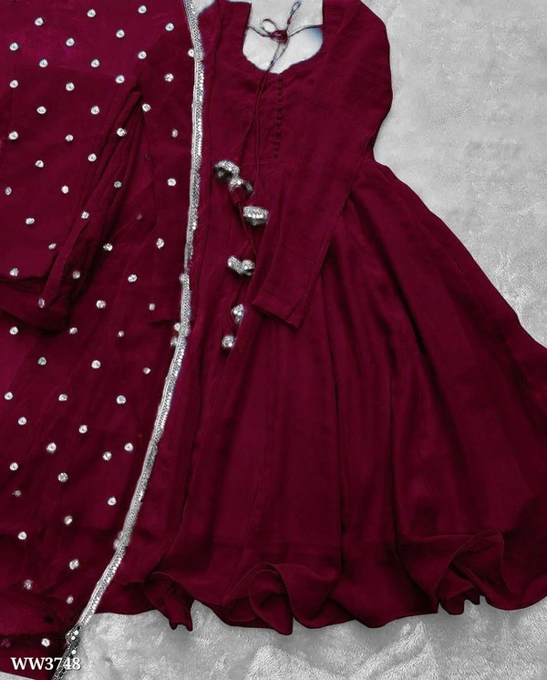 PARTYWEAR LOOK ANARKALI GOWN AND FANCY LACE WORK - Maroon, M