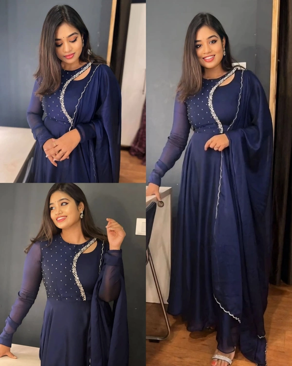 Beautiful Embroidery work gown with Dupptta - S, Navy Blue
