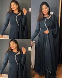 Beautiful Embroidery work gown with Dupptta - S, Navy Blue