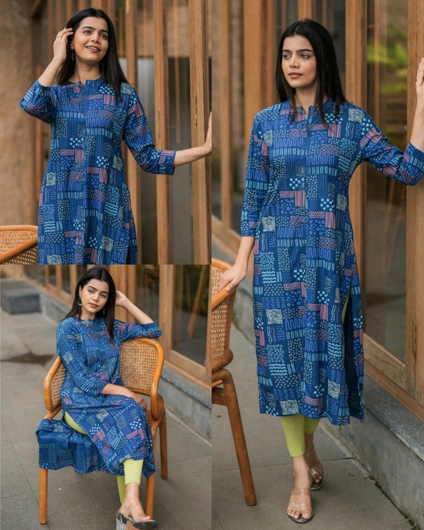 Stylish Trendy Floral Printed Beautiful Ethinic Kurti - Blue, 2XL