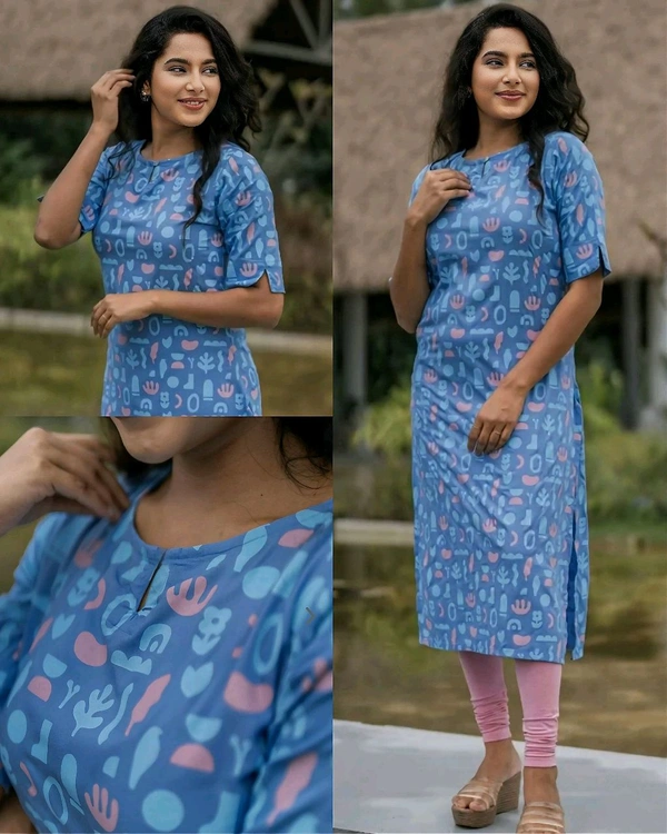 Stylish Trendy Floral Printed Beautiful Ethinic Kurti - Steel Blue, 2XL