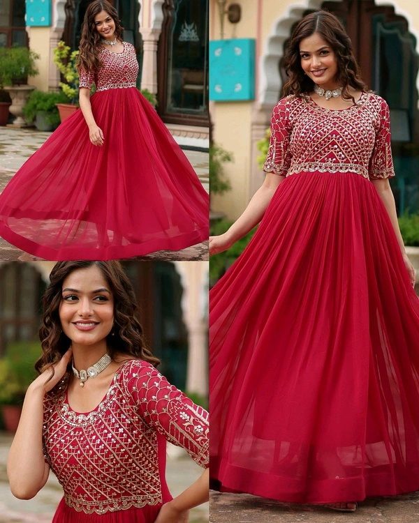 New Collections Party Wear Anarkali Gown Set For Women  - Claret, 2XL