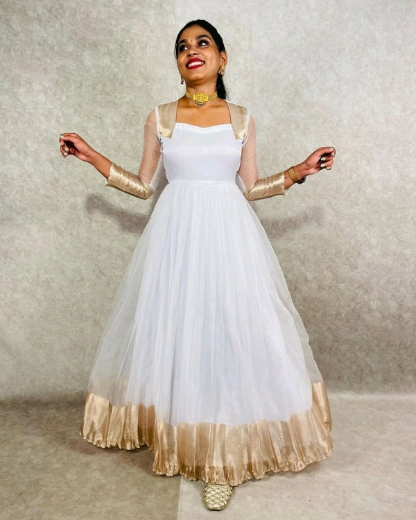 Attractive Chiffon Pattu With Dyeing Work Gown for Women - White, M