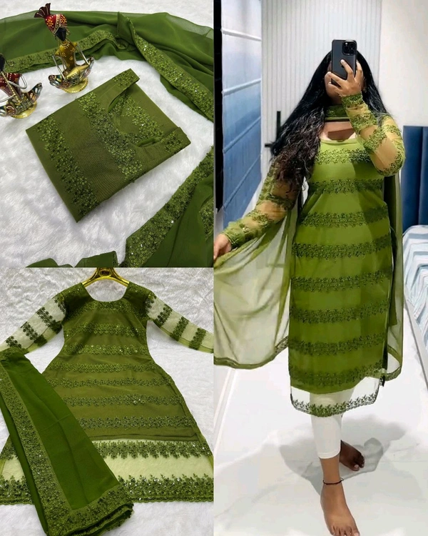 Trendy New Designer Sequins Embroidered Kurti And Duptta Set - Green, S