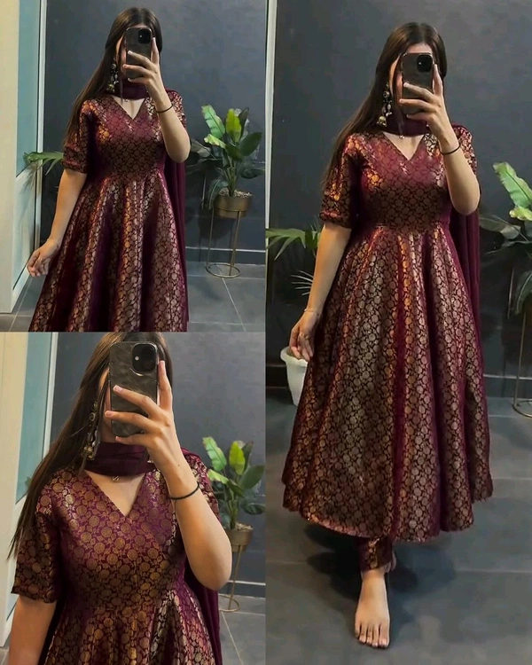 Beautiful Elegance Anarkali Style Soft Silk Gown With Pant & Duppata. - M
